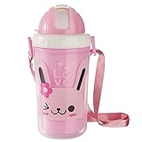 Prettyia 300ml　ベビー　キッズ　ウォーターボトル　ストローカップ　水筒 　マグボトル　携帯便利　全3色 - ピンクのうさぎ