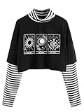 SweatyRocks レディース カラーブロック バタフライプリント ストライプ 長袖 クロップトップ Tシャツ, ダークブラックホワイト。, Medium