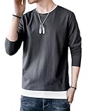 [SHANLIANG] tシャツ メンズ 長袖 無地 重ね着風 大きいサイズ ゆったり 柔らかい肌触り おしゃれ 服 配色切替 ながそでtシャツ 上品 ファッション プルオーバー ロングtシャツ 春服 秋服 M-5XL 快適 伸びる カットソー 人気 (M, グレー)