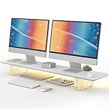 Fenge モニター台 卓上 モニタースタンド 机上台 テープライト付き パソコン台 机上ラック 108cm横幅木製天板 ガラス製レンガ脚 デスクトップ用 机上 机上台 pcモニター台 パソコンラック 卓上収納 整理整頓ホワイトG04S1101A-JP