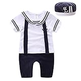 LittleSpring夏 ベビー セーラー マリン 半袖 ロンパース＆ハット 2点セット 赤ちゃん 幼児服 カバーオール ホワイト90