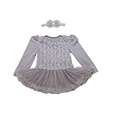 ALLAIBB ベビーワンピース 女の子 長袖 チュチュスカート ヘアバンド ロンパース バラ柄 グレー (L:6-12M)