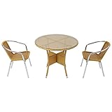 人工ラタンチェア2脚 丸テーブル1台 3点セット 強化ガラス ナチュラル 籐 肘掛け付き 家具 ファニチャー インテリア スタッキングチェア リビング chair 椅子 南国 アジアン バリ風 リゾー