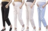 【ママ＆キッズ】Poche 2017 春夏 全4色4サイズ マタニティ アンクル パンツ 綿麻 薄手 涼しい ウエストリブ ゆったり M~XXL (XL, ブラック)