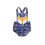 MUSTY ベビー　ロンパース　バックレス　可愛い　狐　プリント　カバーオール　夏服　出産祝い (100, 紺色)