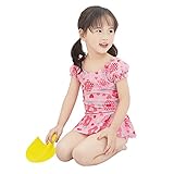 [FERE8890] 女の子 ベビー キッズ水着 連体ボクサーショーツ ベビー用 半袖 スイムキャップ 清新 丸襟 スカートスタイル スイミングプール キュート プレゼント ピンク 6# 適合身長10
