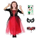 [ATOWORLD] ハロウィン 吸血鬼 コスプレ 女の子 子供 140CM 魔女 悪魔 衣装 キッズコスチューム 仮装 マスク タトゥーシール 光る 4点セット