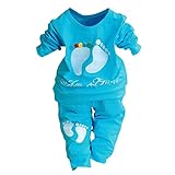 SODIAL(R) 上質100% コットンベビー服セット　幼児子供セット　ベビーボーイガール　2個足跡　ホット販売-ブルー　80cm(7-12M)