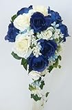 アートフラワー（造花）ブーケ/ネイビーブルーと白バラのキャスケード　ウエディングブーケ