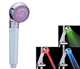 温度によってLEDが３色に変化する、LEDシャワーヘッド、LED内蔵シャワーヘッド、電池電源不要、水圧発電、簡単設置、三つ出水水量調節でき、毎日のバスタイムが楽しくなる