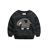 PANCY 子供服 春秋 長袖 Tシャツ キッズ トレーナー 丸い襟 男の子 女の子 シンプル 可愛い 動物柄 ゾウ(ブラック,90cm)