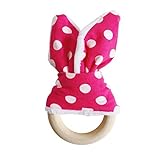 Wooden Teething Ring With Minky Fabric Bunny Ears | Magenta With White Dots by Ayah Baby