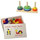 Wood block 60pcs + Hanoi Tower SET [MINI SiZE] [携帯できるミニサイズのパズル】多角形/丸/様々な色で子供の認知、思考力の発達を助ける学習教区