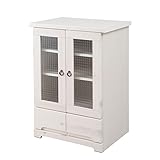 天然木パイン材のカントリー調ガラス扉キャビネット (幅60cm・ロータイプ)ホワイトウォッシュ色