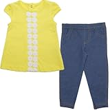 カーターズ（Carter's）【黄色花レース縦上下セット】女の子用イエロー花レース縦2ライン半袖チュニック&デニム風コーデパンツ2点セットアップ 9months 9ヵ月用 75cm-80cm 出産祝い