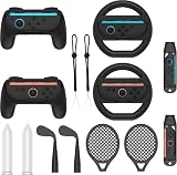 NBCP 14-in-1 Switch 2用スポーツアクセサリーキット - ステアリングホイール、テニスラケット、剣、ゴルフクラブ、レッグストラップ、グリップがセットになったモーションコントロールキット (Black 14 in 1)