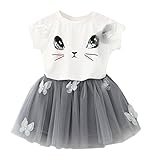 C-Princess 可愛い 猫柄 Tシャツ チュチュ スカート 2点セット 子供 キッズ 女の子 半袖 ワンピース ドレス フォーマル カジュアル 春 夏 グレー 120