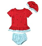 スイカ水着 3セット 女の子 ベビー服 ラウンドネック 半袖 愛パターン赤いTシャツ トップス +青いパンツ +帽子(1-6歳子供に向け) (2-3歳)