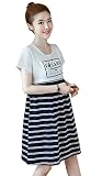 妊婦は韓国版の妊婦の半袖の縞が哺乳ワンピースの夏を結びつけます (ホワイト, XL)