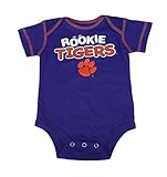 Clemson Tigers Rookie Infant Onesieサイズ3 – 6ヶ月NCAA本物のロゴボディスーツ – パープルW /オレンジアクセントクリーパー