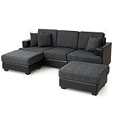 ソファ 座面収納 3人掛け カウチソファ ポケットコイル オットマン グレーxブラック