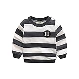 PANCY 子供服 春秋 長袖 Tシャツ キッズ トレーナー 丸い襟 男の子 女の子 シンプル ストライプ 縞柄 刺繍(グレー,90cm)