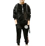 [もうほうきょう] 男の子 子供服 秋の新型 児童二点セット 中大童パーカー 金丝绒スーツ 春 (110, ブラック)
