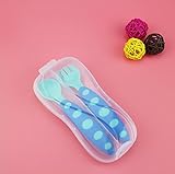 幸せな 赤ちゃん ベビー フォーク＆スプーン ケース付き（6ヶ月から対象） プラスチック製 安全 無毒 軽い 握りやすい 持ち運びに便利 すくいやすい 全5色 (ライトブルー+ブルー)