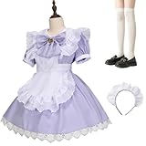 [COSSA] メイド服 コスプレ 萌え コンカフェ メイド 可愛い レース メイドコスチューム ショート丈 ロリータ ワンピース 大きいサイズ 仮装 ハロウィン 女装 人気 学園祭 レディース メンズ ハイソックス付き 5点セット 6色展開 (パープル, 5XL)