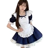 [FULINE] メイド服 かわいい メイドコスプレ 4色 タイツ付きフルセット ショート丈 半袖 ロリータ ワンピース ドレス 蝶結ぶ メイドカフェ 仮装 レディース ゴスロリ コスチューム navy M