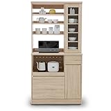 LOWYA （ロウヤ） 食器棚 キッチン収納 リアル木目調 ガラス扉 オープン収納 2口コンセント付き 可動棚 PVC仕上げ リバーシブル 上段Bタイプ＋下段Aタイプ 幅90cm オーク おしゃれ 新生活