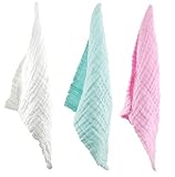 Jessiebaby Natural Antibacterial Muslin Cotton Baby Bath Towels - 10x10 inches - (White+Green+Pink) 