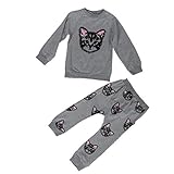 leoy88 Girlsキットセット猫プリントトップスTシャツ+パンツ服装セット カラー: グレー
