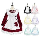 [CR ROLECOS] メイド服 大きいサイズ 多色 リボンワンピース 可愛い フリル メイド コスプレ レディース プラスサイズ 定番 长袖 喫茶店 大人 コスチューム（レッド、5XL）