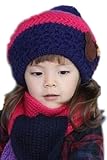 配色が かわいい ニット帽 マフラー セット 子供 キッズ (ネイビー×ローズ)