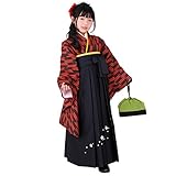 卒業式 ジュニア袴セット「赤×黒 矢羽の着物、黒色の桜刺繍の袴」袴下帯付き 2S