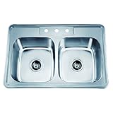 Dawn AST102 Top Mount Equal Double Bowl Sink with 3 Holes, Polished Satin by Dawn