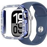 CIOODDW for アップルウォッチ カバー 40mm 41mm 42mm 44mm 45mm 46mm 49mm キラキラ 超簿軽量 耐衝撃 100%灵敏度 96颗 金属 ダブルダイヤモンド 飾りフレーム apple watch カバー Series ultra 3/2/1 /11/10/9/8/7/SE3/SE2/SE/6/5/4（46mm,ブルー,液晶フィルムなし）