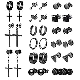 15 ペアメンズブラックサークルフープイヤリングポリッシュスチールフラットバックラウンドディスクメンズレディースボーイズガールズパンクフープ