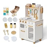 Teamson Kids – Little Chef Memphis キッズプレイキッチン 木製プレイキッチンセット 幼児用 おままごとキッチンフード付き ホワイト/ゴールド 対象年齢3歳以上