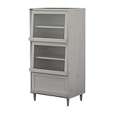 ホワイト／【フラップ扉】木目調 アンティーク調 波ガラス レトロ 爽やか