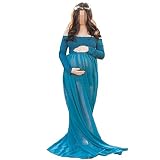 Wholehome妊婦服　　マタニティワンピース　　写真用　　撮影用　　シフォン　床までのロングスカート　 (ピーコックブルー)