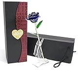 Langxun 24K Gold Trimmed Long Stem Real Blue Rose with Moon-shape Flower Stand. Perfect Gift Ideas f