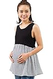Sweet Mommy お肌に優しい なめらか竹繊維 ジョーゼット 裾フリル 柔らか ストレッチ素材 ストライプ タンクトップ 産前産後 授乳服 マタニティ／L／ブラック×ストライプ