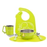 GudeHome ベビー食器セット ご飯茶碗 片手カップ ビブ ベビースプーン ベビーフォーク 子供食器 （グリーン）