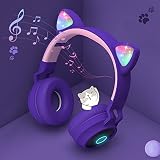 ネコ耳ヘッドフォン Bluetoothヘッドホン ワイヤレス マイク内蔵 子供 折り畳み ヘッドフォン Bluetooth5.0 LED付き キラキラ 虹色変換 オーバーイヤー型ヘッドホン bluetooth tfカード対応 柔らかい サイズ調節可能 子供用 大人用 密閉型 ステレオヘッドセット 通話可能 有線無線兼用 クリスマス 誕生日 入学式 新年プレゼント (パープル)