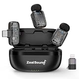 ZealSound Miniワイヤレス ラベリアマイク iPhone iPad Android タブレット PC (USB-C/Lightning) 用 - 充電ケース付きトランスミッター2個、ノイズ低減/33時間バッテリー寿命 ラペルマイク ポッドキャスト、YouTube動画用