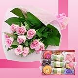 誕生日プレゼント ピンクローズ花束＆TV・雑誌で紹介の人気店スイーツギフトB お母さんへのメッセージカード付き