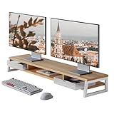 Fenge モニター台 卓上 デスクシェルフ モニタースタンド パソコン台 引き出し付き2段 木製 幅108cm pc台 机上台 デュアルモニター 台 机上ラック 卓上台 デスク周り収納 ディスプレイ (ダークオーク)