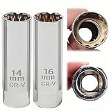 プラグレンチ 14mm 16mm 2個セット 磁気ジョイント付き スパークプラグソケット 差込角3/8(9.5mm) 12角薄壁 ロープロファイル ユニバーサルソケット 輸入車 バイク 整備用 プラグ交換